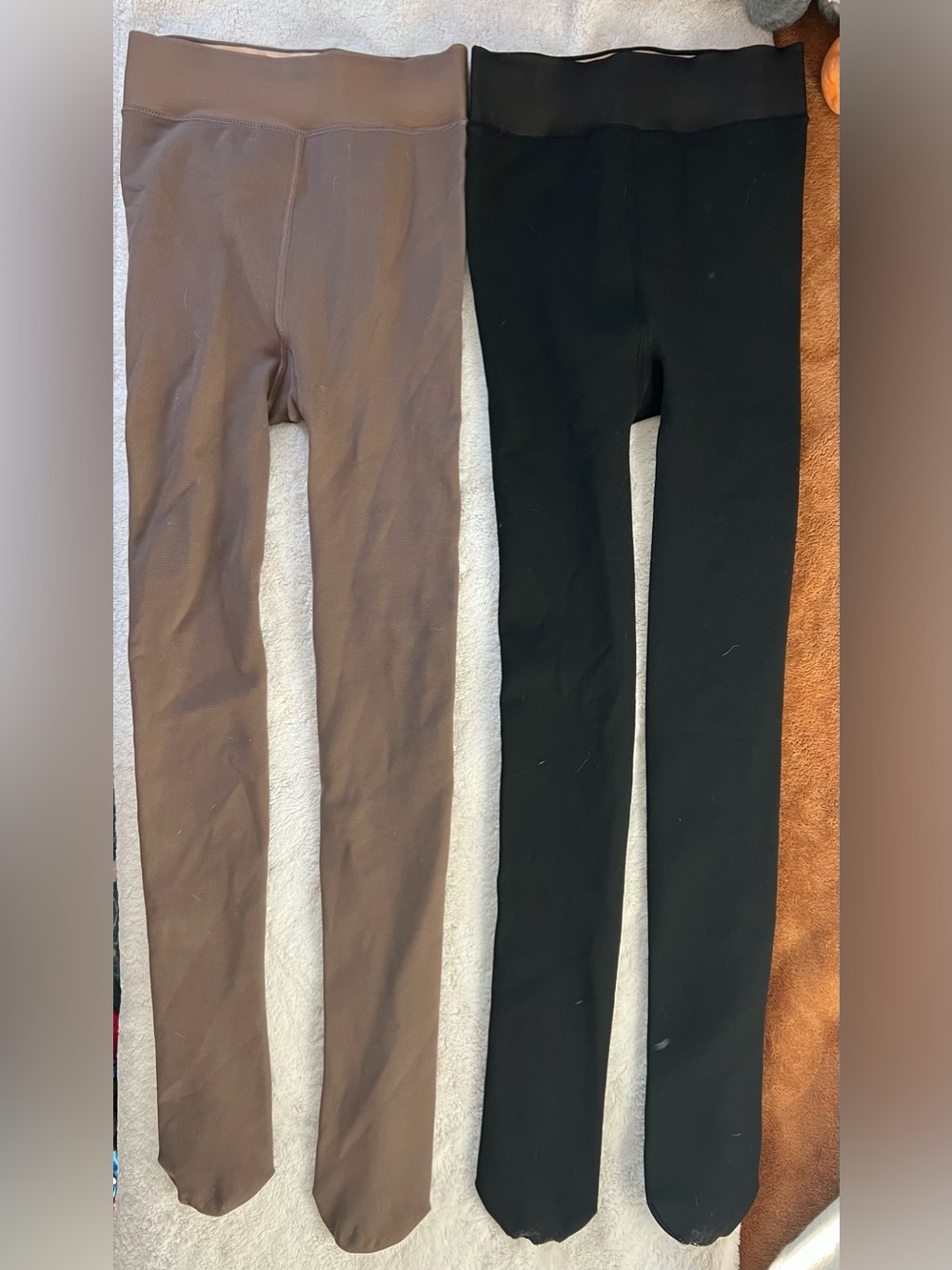 Women's Black Stretchy Thermal Fleece Tights - Tan and Black